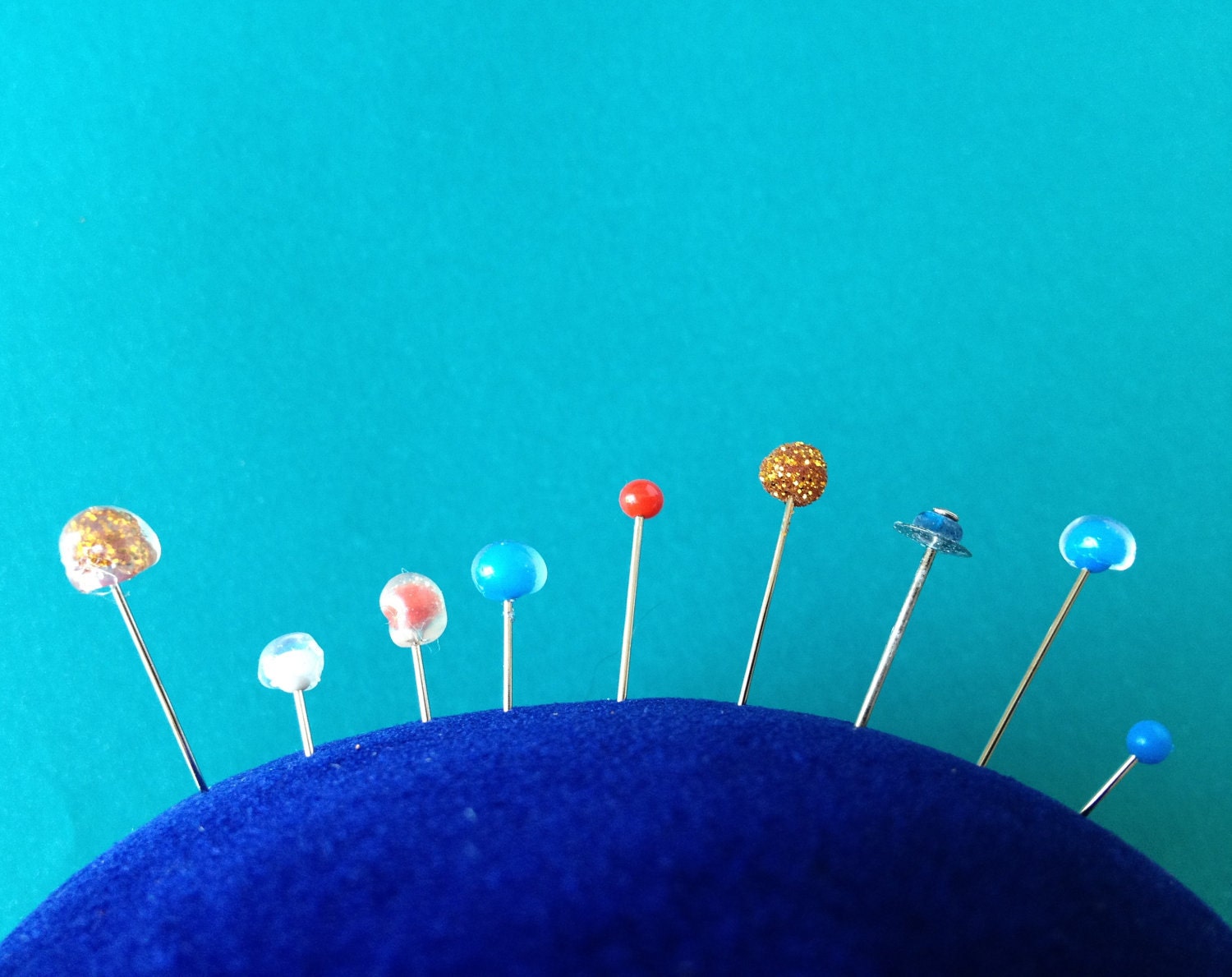 Solar System Pincushion - Planet Pins and Blue Velvet - jumbojibbles