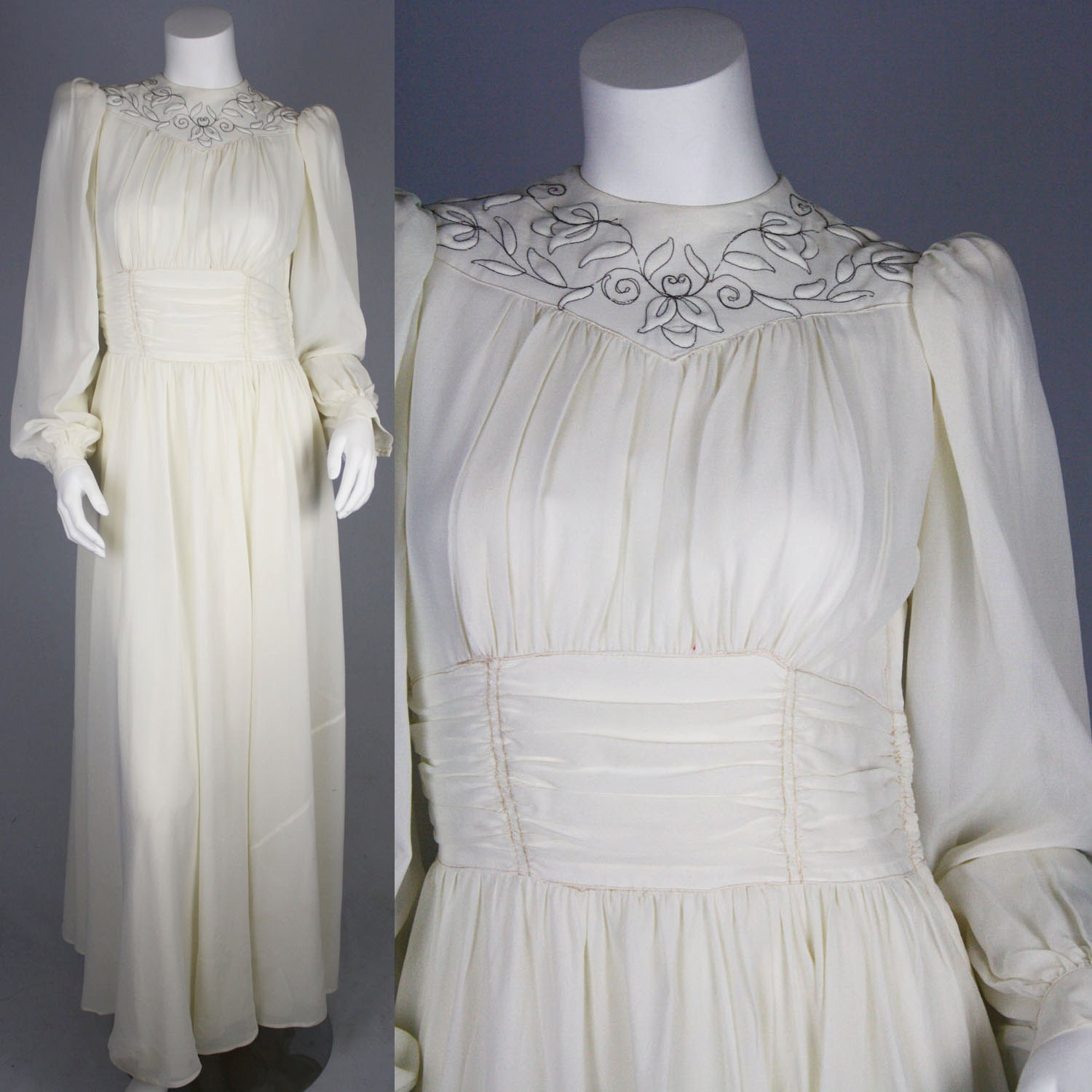 40's Vintage Chiffon Balloon Sleeve Embroidered Wedding Dress