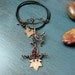Copper Ivy Leaf and Vine Necklace with Garnets on Black Leather Cord