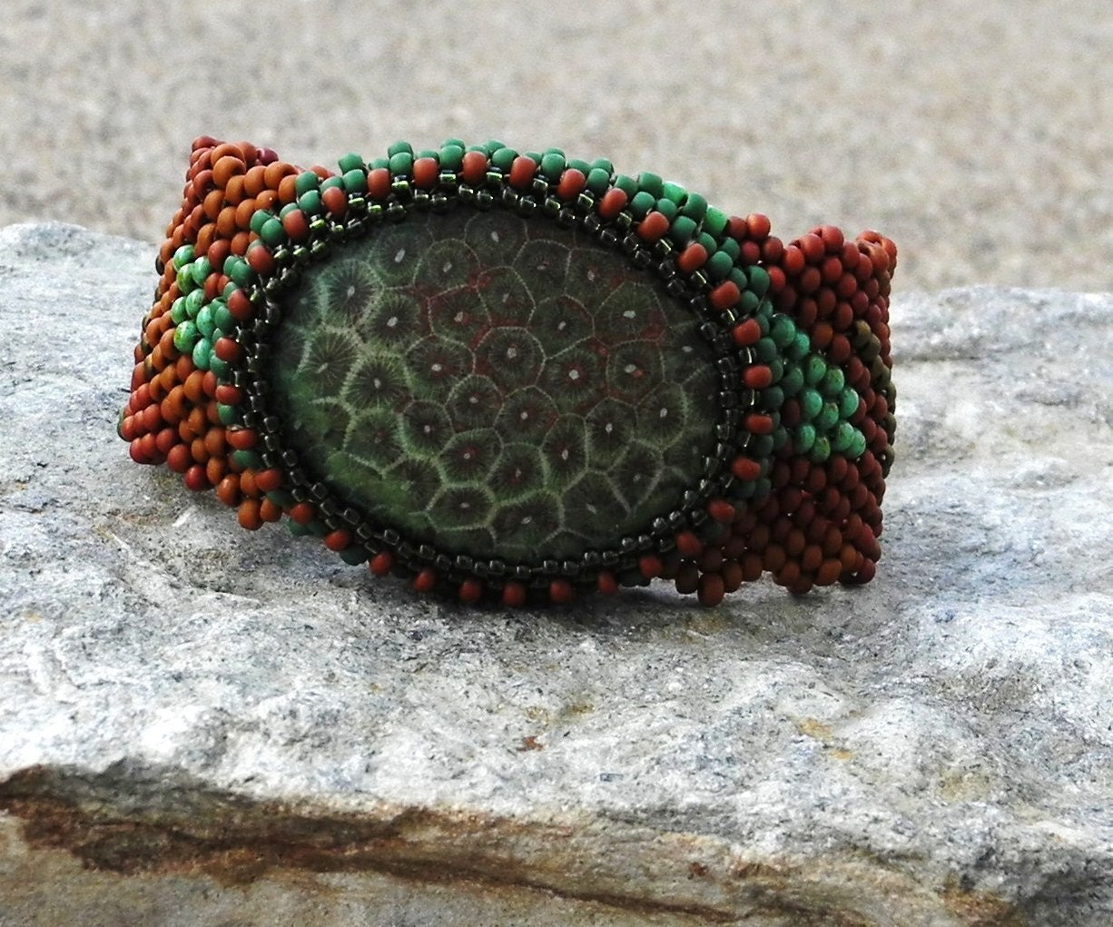 Free Form Peyote Stitch Beaded Bracelet Beaded Cuff Beaded Cabochon - Bead Weaving - Letting Green Nature Nurture