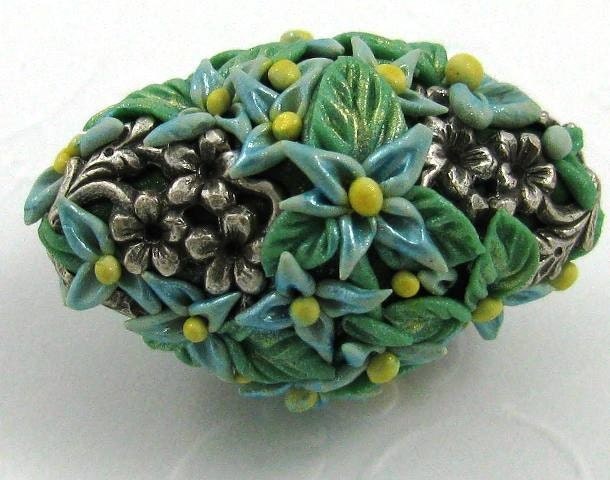 Flower Basket Bead Blue Green Yellow Applique Focal Small