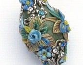 Flower Basket Bead Blue Roses Applique Focal Small