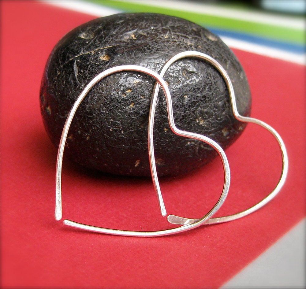 Silver Heart Hoops, Silver Heart Earrings, Valentines Jewelry