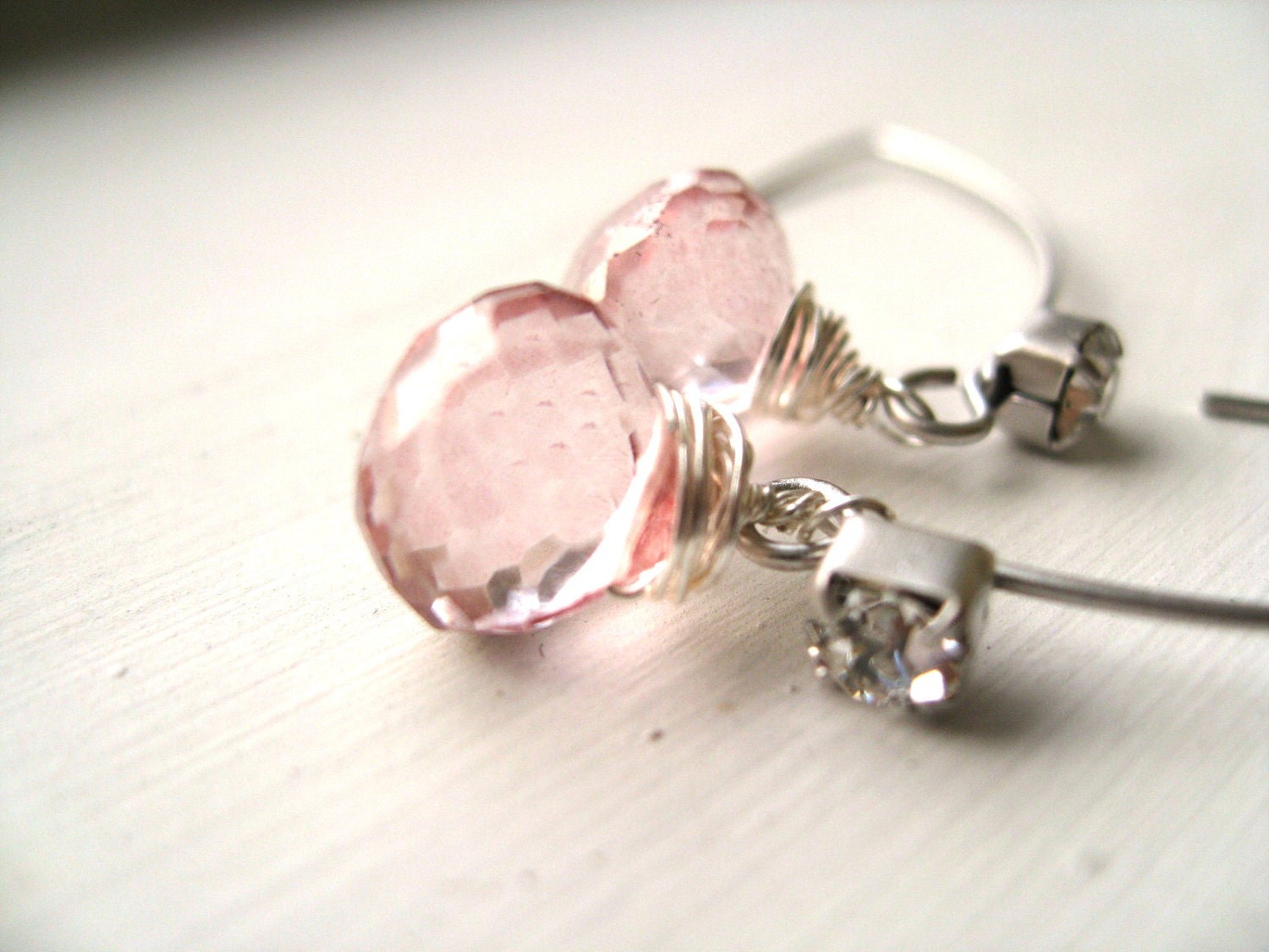 Blush Pink Quartz Earrings White Gold CZ drops Pastel Wedding Pale Rose by Vitrine