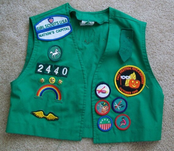 Junior girl scout vest with pins and patches by hpsgsmith on Etsy