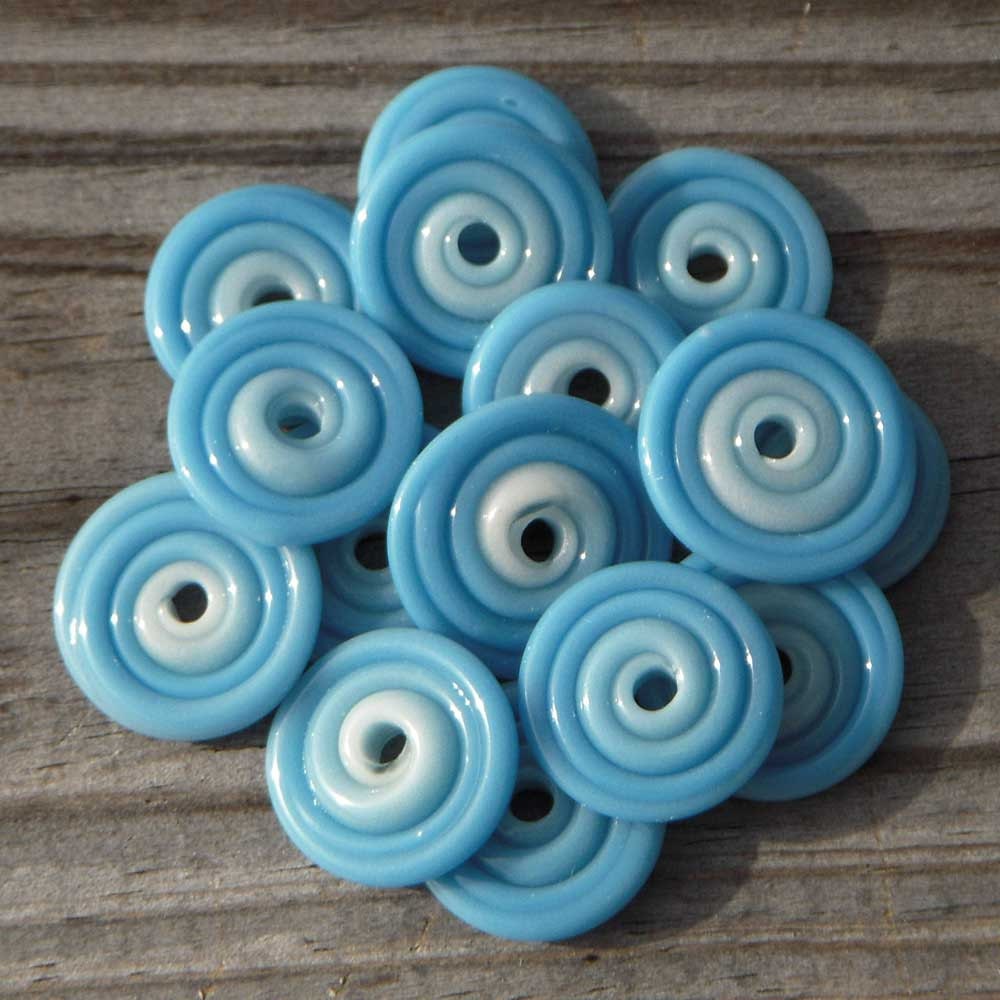 15 Handmade lampwork disc beads, borosilicate, "Cornflower"