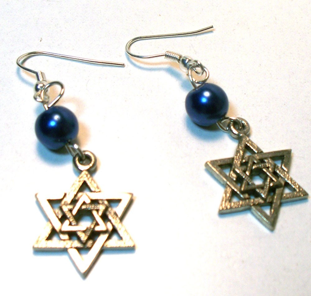 Jewish Star Blue Pearl Earrings