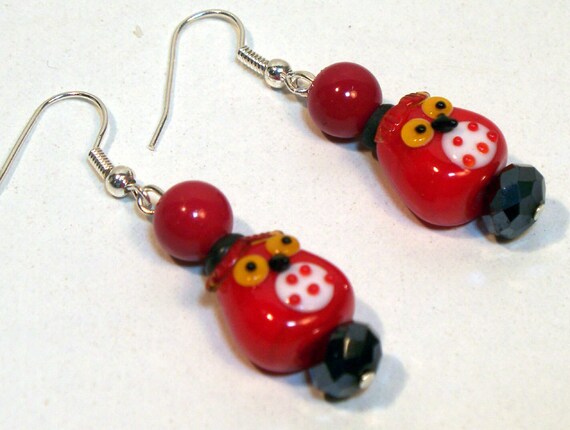 Red Owl Glass Beaded Earrings