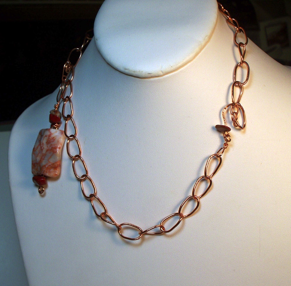 Red Marble and Brown Jasper Wire Wrapped Pendant on Copper Chain