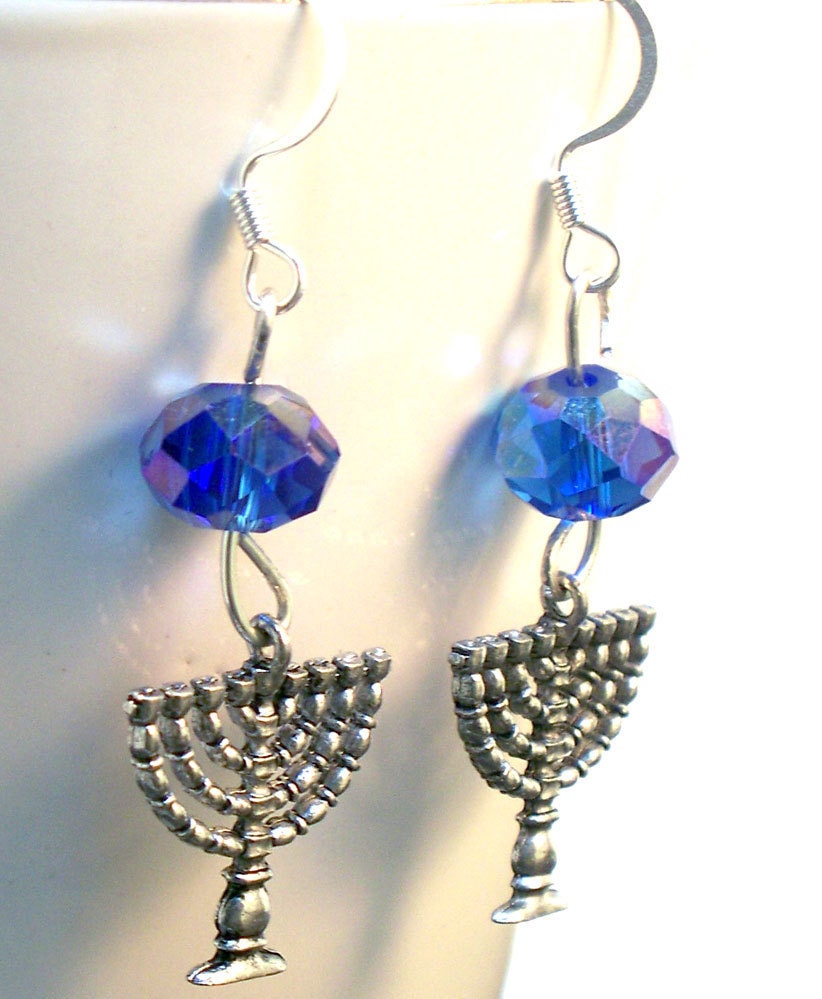 Jewish  Menorah Earrings Hanukkah Blue Czech Glass Earrings