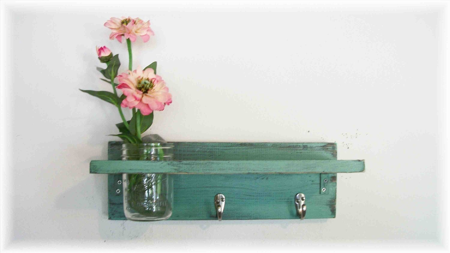 Primitive Country Mint Chip Green   WOOD Coat Hooks Cottage Wall Shelf