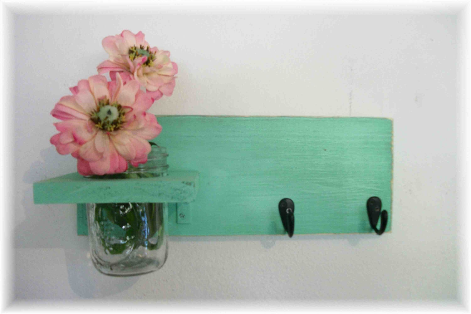 Wood Wall Shelf  Hooks Beach Retro Funky Wild Green Color Bathroom Kitchen Shabby Chic