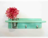 Wood Primitive Country Pistachio Green  Coat Hooks Cottage Wall Shelf