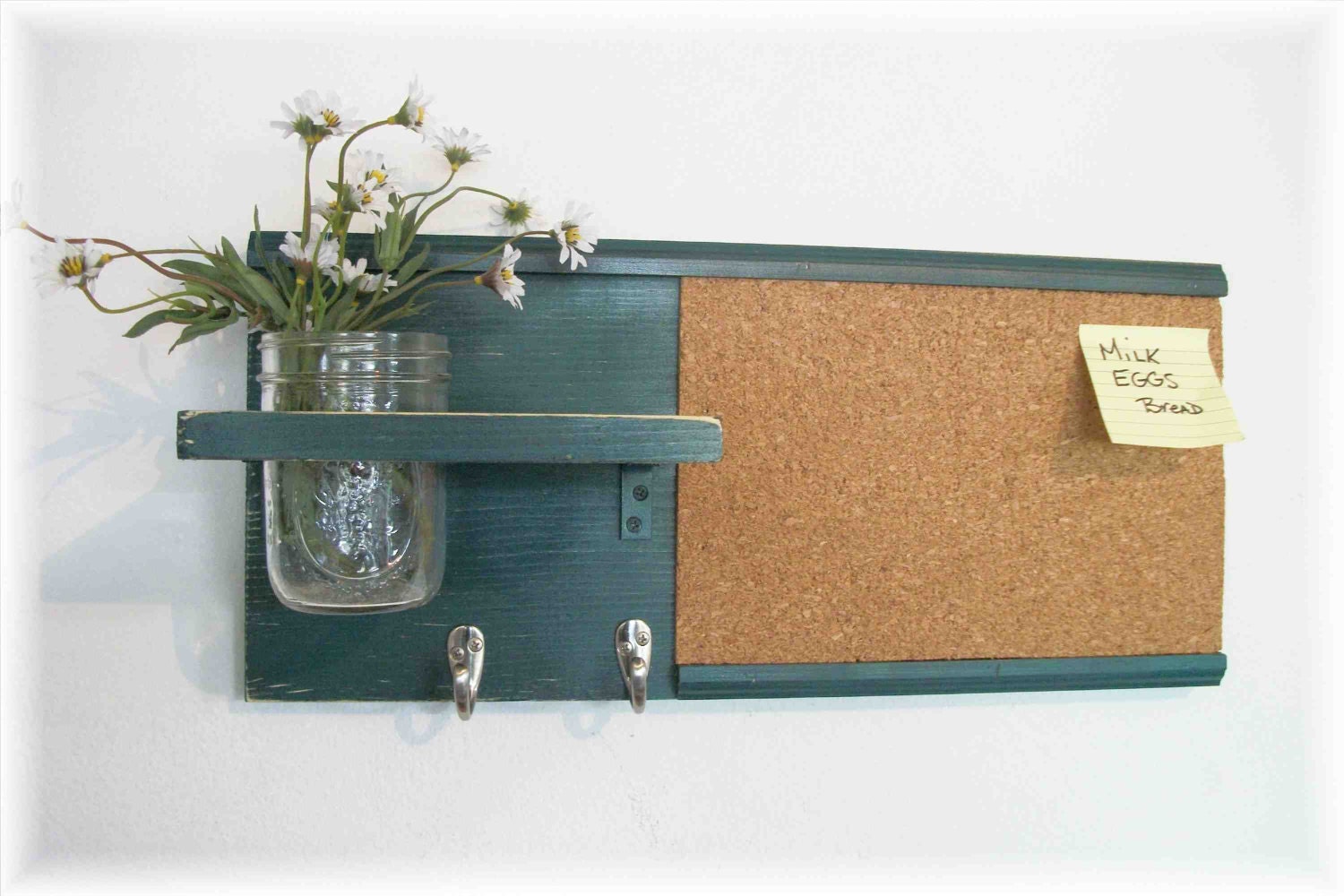 Wood Wall Shelf Cork Bulletin Board Message  Center Hooks Country Teal Blue Green Color