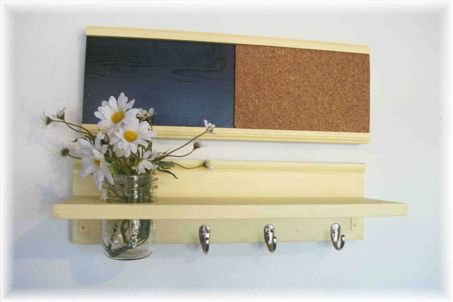 Wall Shelf Cork & Blackboard Bulletin Board Message Center Hooks Country Buttery Yellow Color