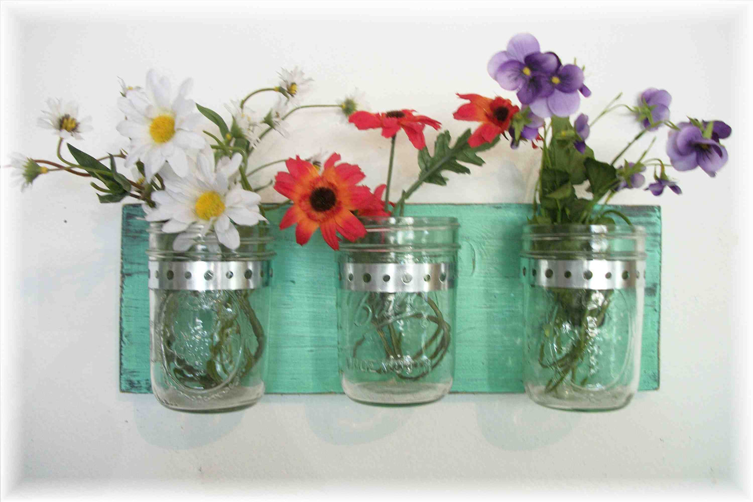 Spring Flowers Flowers, Flowers & Flowers. Mason Jars, Pistachio Green  Cottage Rustic Shelf
