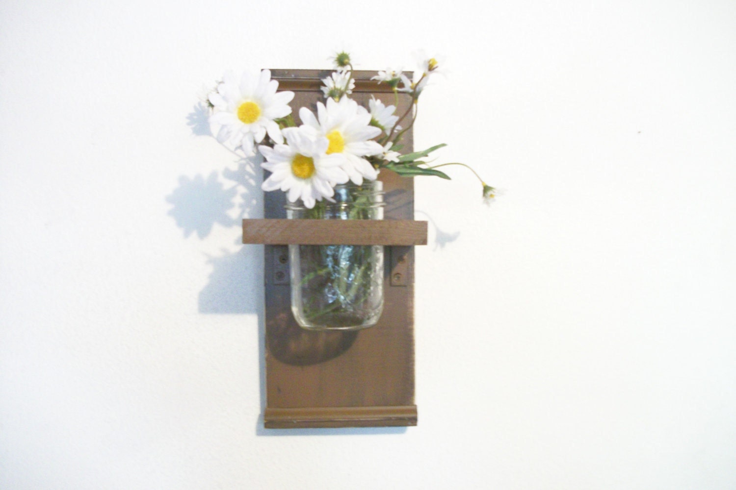 Spring Flowers Primitive Wood Wall Shelf  cottage Faded Chocolate Brown Color  Cottage