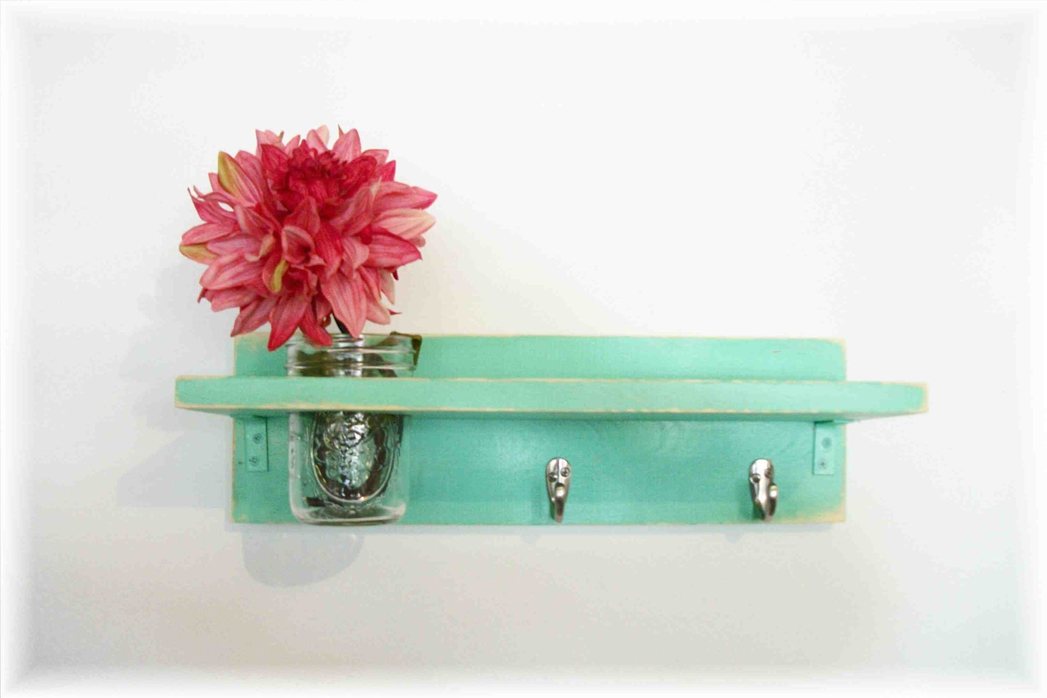 Wood Primitive Country Pistachio Green  Coat Hooks Cottage Wall Shelf