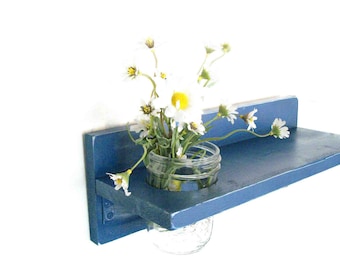 Navy Blue Nautical Rich Bold Color Shelf  Brushed Silver Hooks Mason Jar
