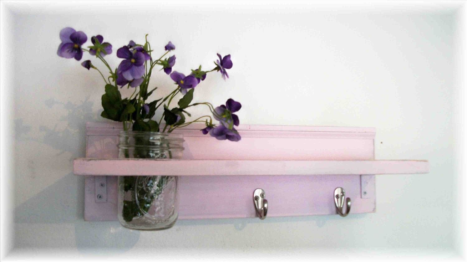 French Country Wood Wall Shelf  Hooks Faded Shabby Chic Wedding Pink Color  Beach Cottage