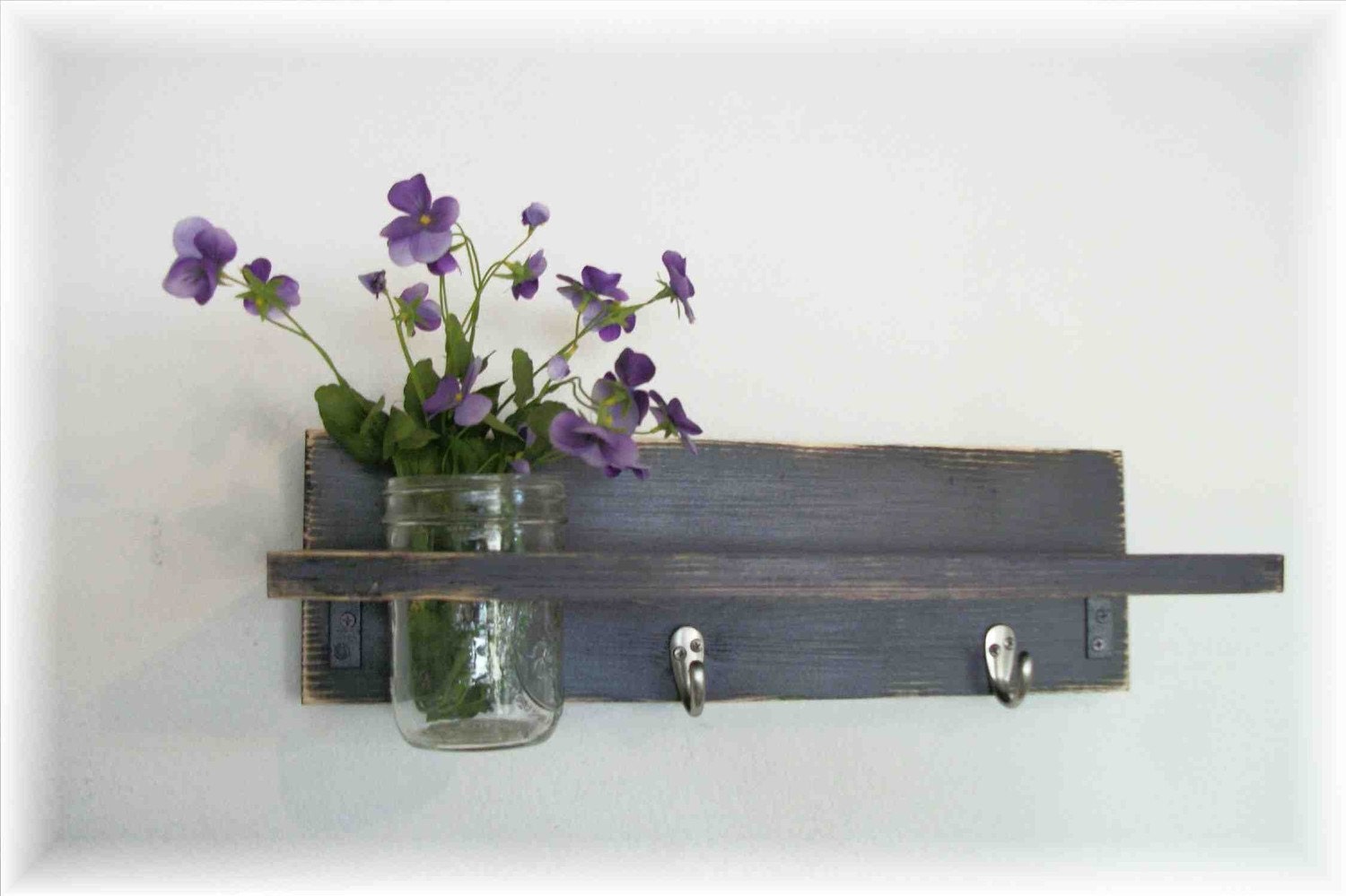 Primitive Country Deep Grape Purple Wood Shabby Chic Coat Hooks Cottage Wall Shelf
