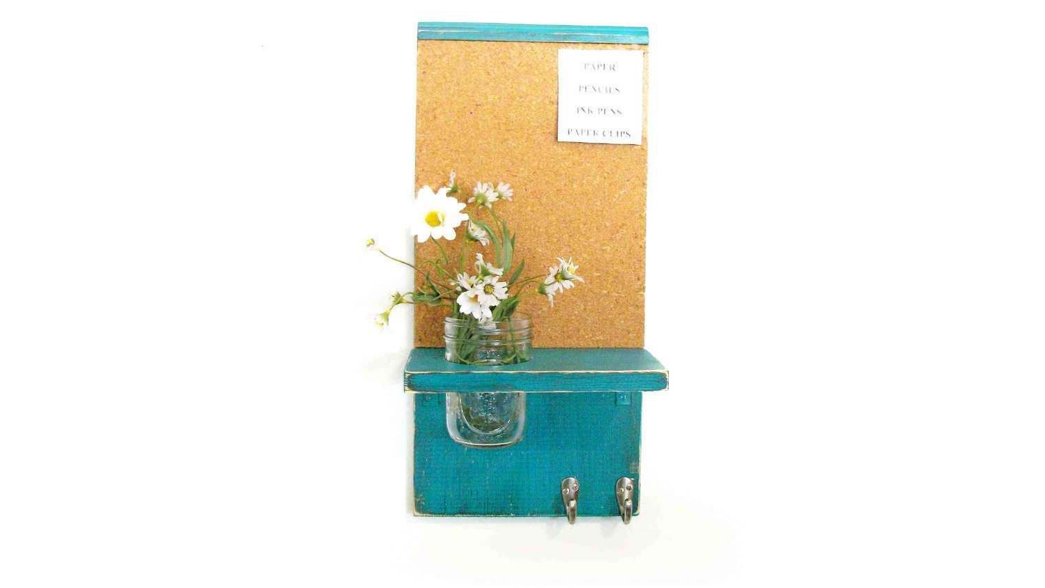 Wood  Cork Board Message  Center Hooks Dark Turquoise Color Shabby Chic