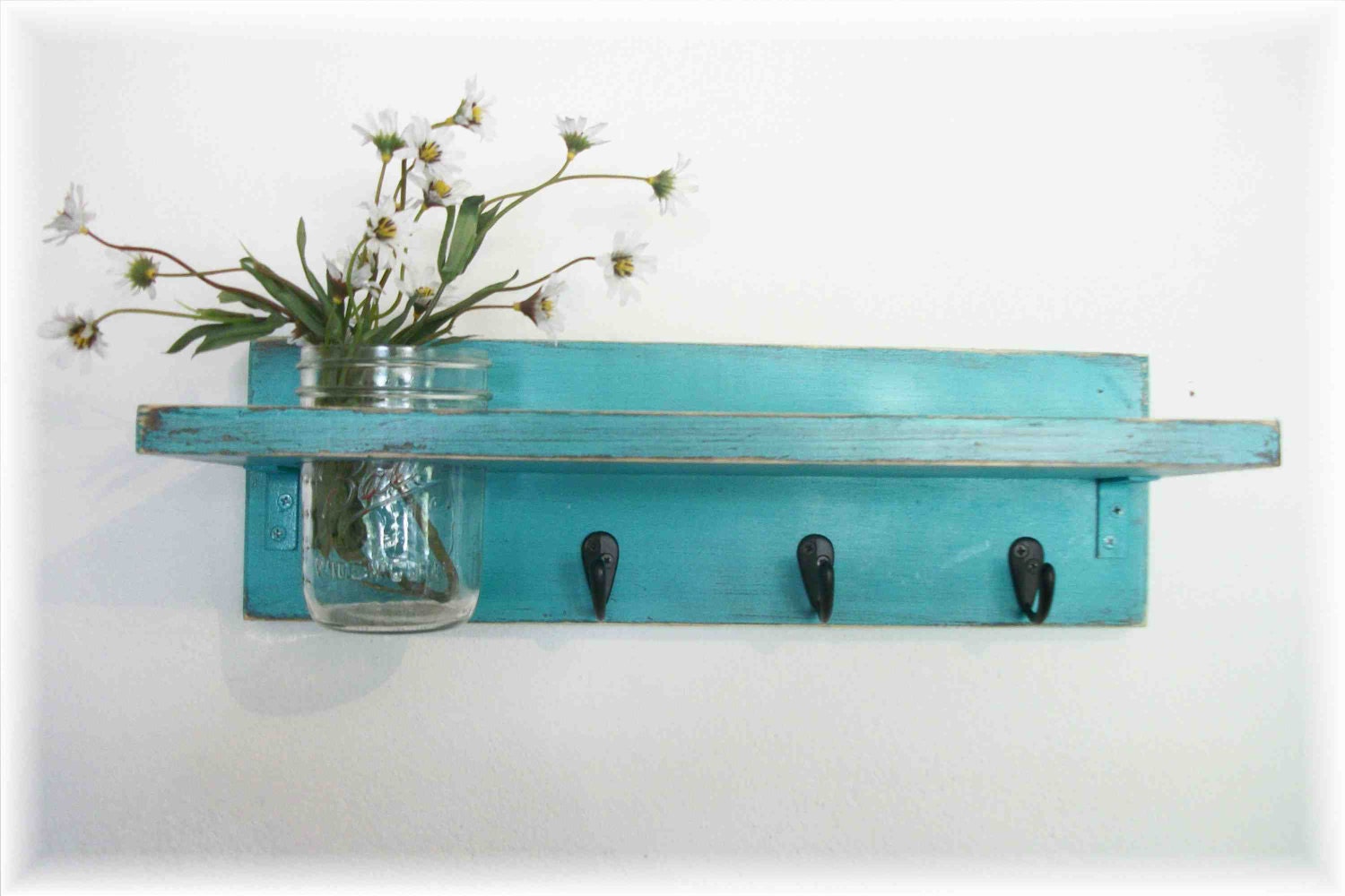 Beach Retro Mod Turquoise Color Primitive Shelf Black Hooks