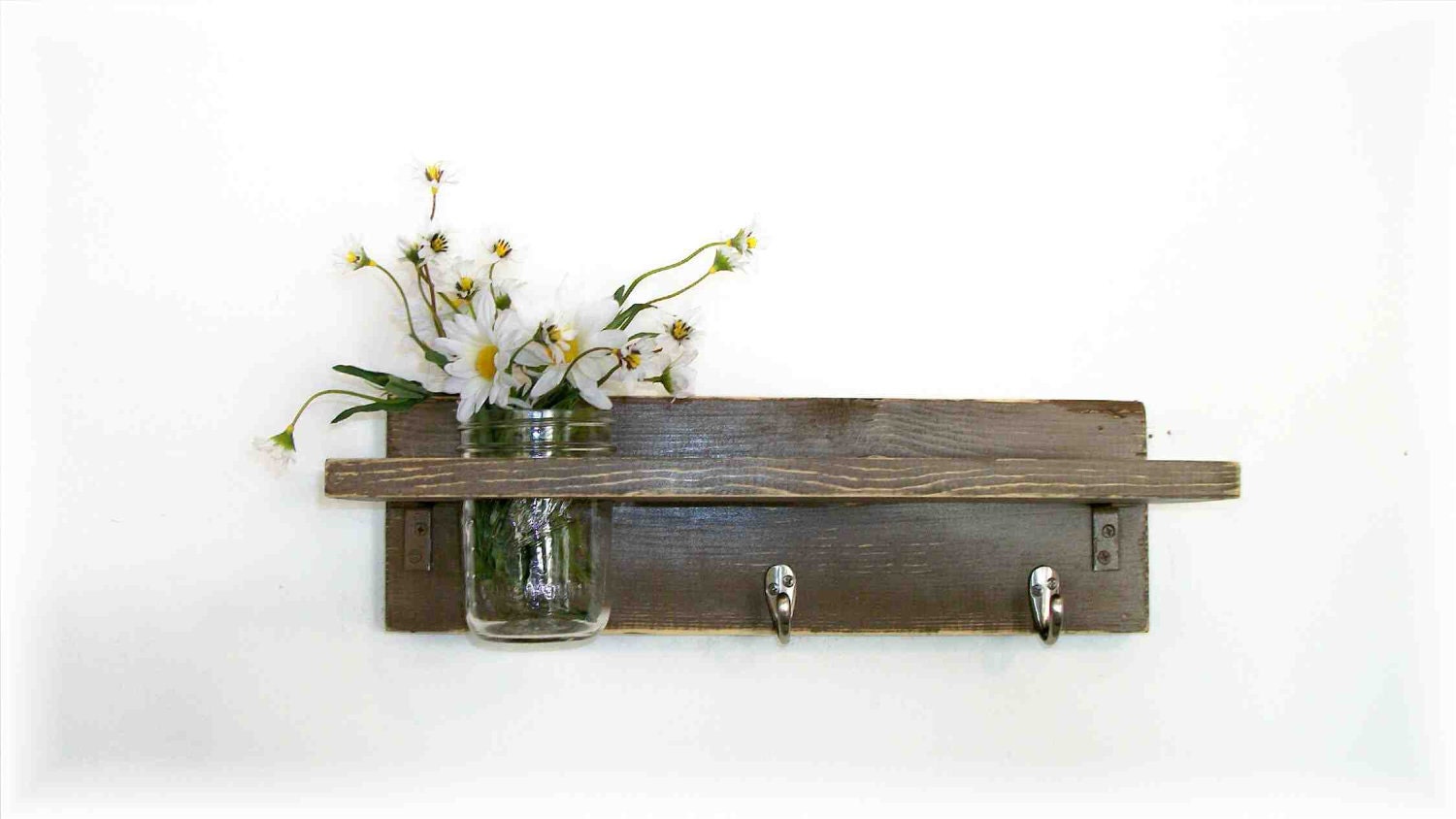 Primitive Country Chocolate Brown Wood Coat Hooks Cottage Wall Shelf