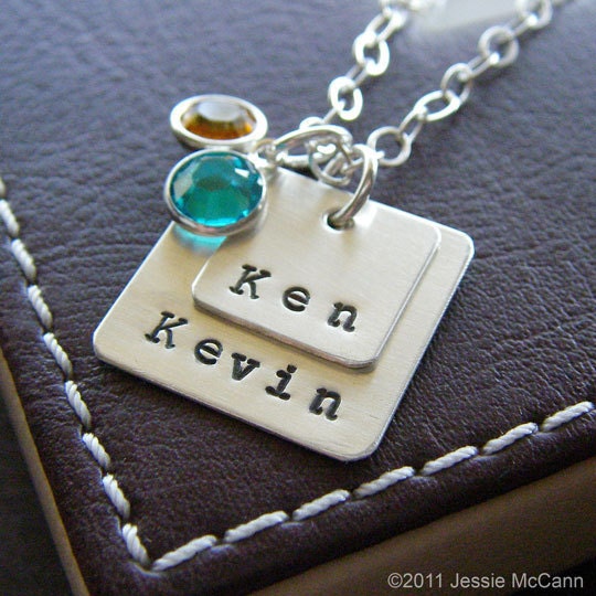 Hand Stamped Necklace - Personalized Sterling Silver Layered Charm Jewelry - Square Stack Duo Mini with Birthstones or Pearls