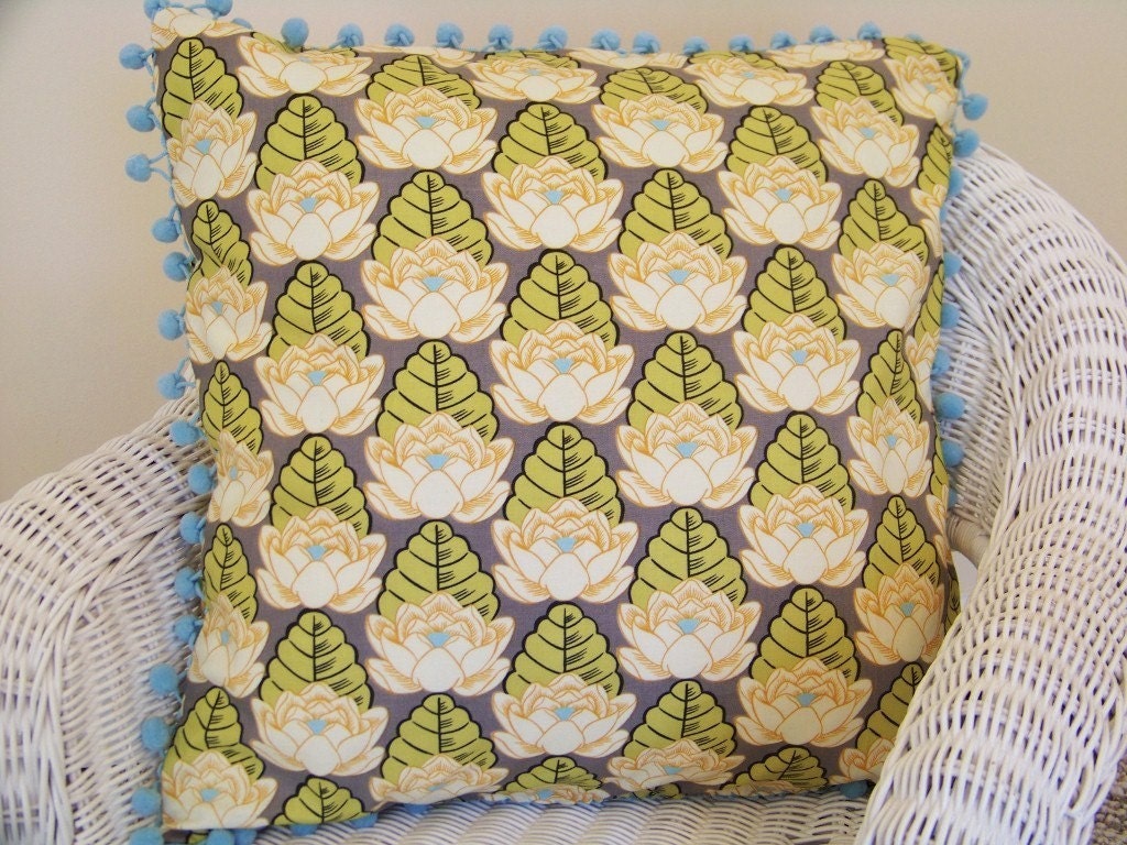 Throw Pillow 16 Inch Pillow made with Amy Butler Lotus Pond Ivory Fabric and Pom Fringe Trim Repurposed and Upcycled