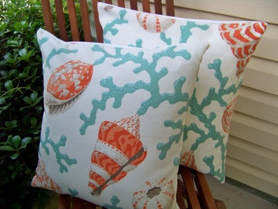 Two Coral Sea Shell Branch Pillow Covers 18 x 18 Beach Decor made with Indoor/Outdoor & Eco Friendly Fabrics Ready to Ship