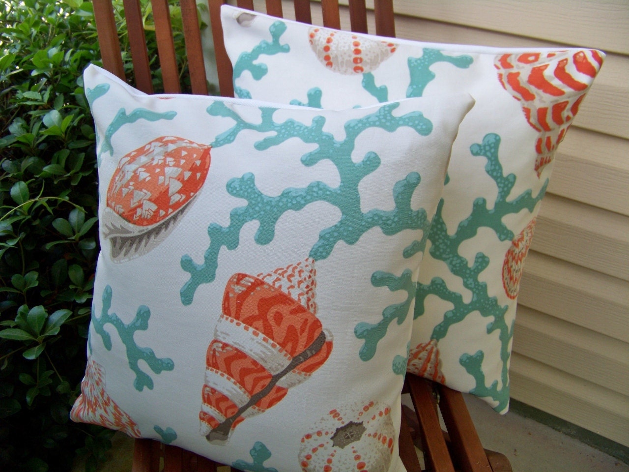 Two Coral Sea Shell Branch Pillow Covers 18 x 18 Beach Decor made with Indoor/Outdoor & Eco Friendly Fabrics Ready to Ship