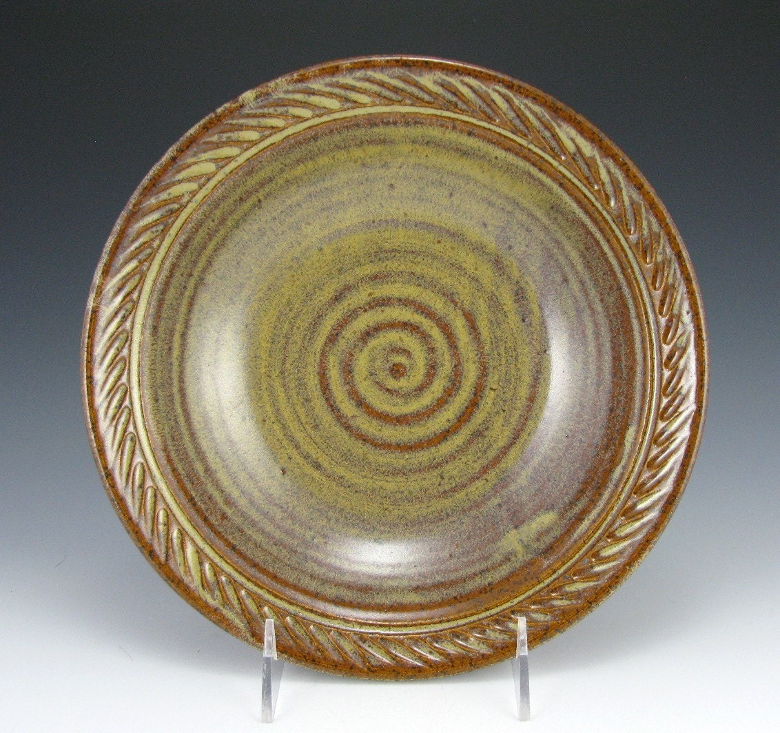 Low Serving Bowl - Handmade Pottery Bowl - 9 inch - Glazed in Rich Brown with a Carved Lip