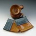 Tea for Two - Two 8 Ounce Tea Cups with Two 5 Inch Square Plates in Honey Brown and Dark Blue - Ready to Ship