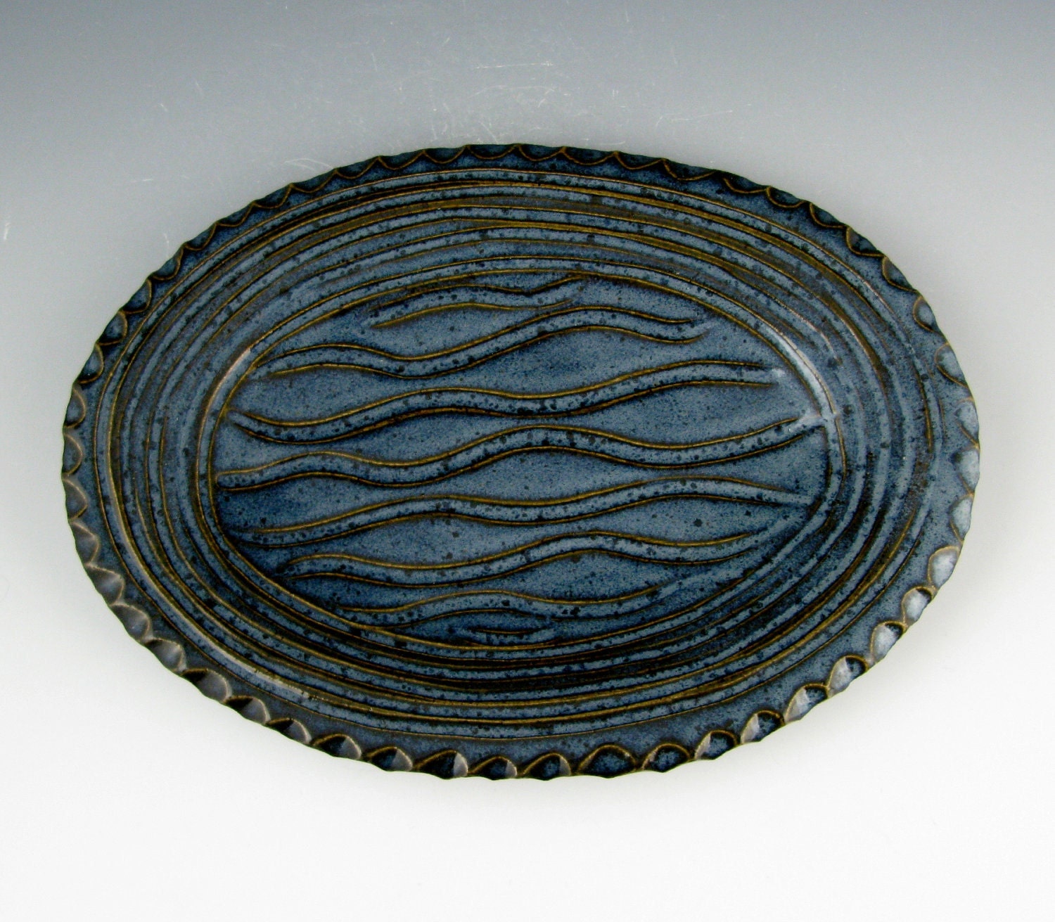 Hostess Platter - 9 Inch HandCarved Wave Design Appetizer Dish Glazed in Dark Blue - Ready To Ship