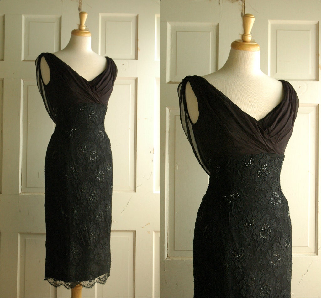 1960s Cocktail Dress / Vintage Black Beaumelle Bombshell / Lace Party Dress