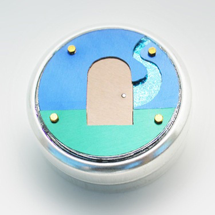 Metal Pillbox / Tin / Container with Anodized Aluminum Design - Something's Coming Out of the Door