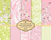 Digital Paper pack in  pink and soft greens for invites, card making, digital scrapbooks -  Cheri