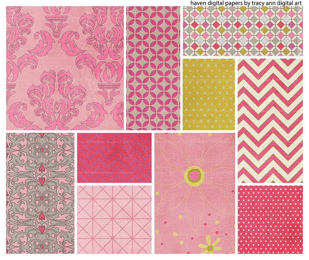 Digital Download Papers Haven Printable Scrapbook Paper Pink Damask  Pink Chevron Craft Sheet per