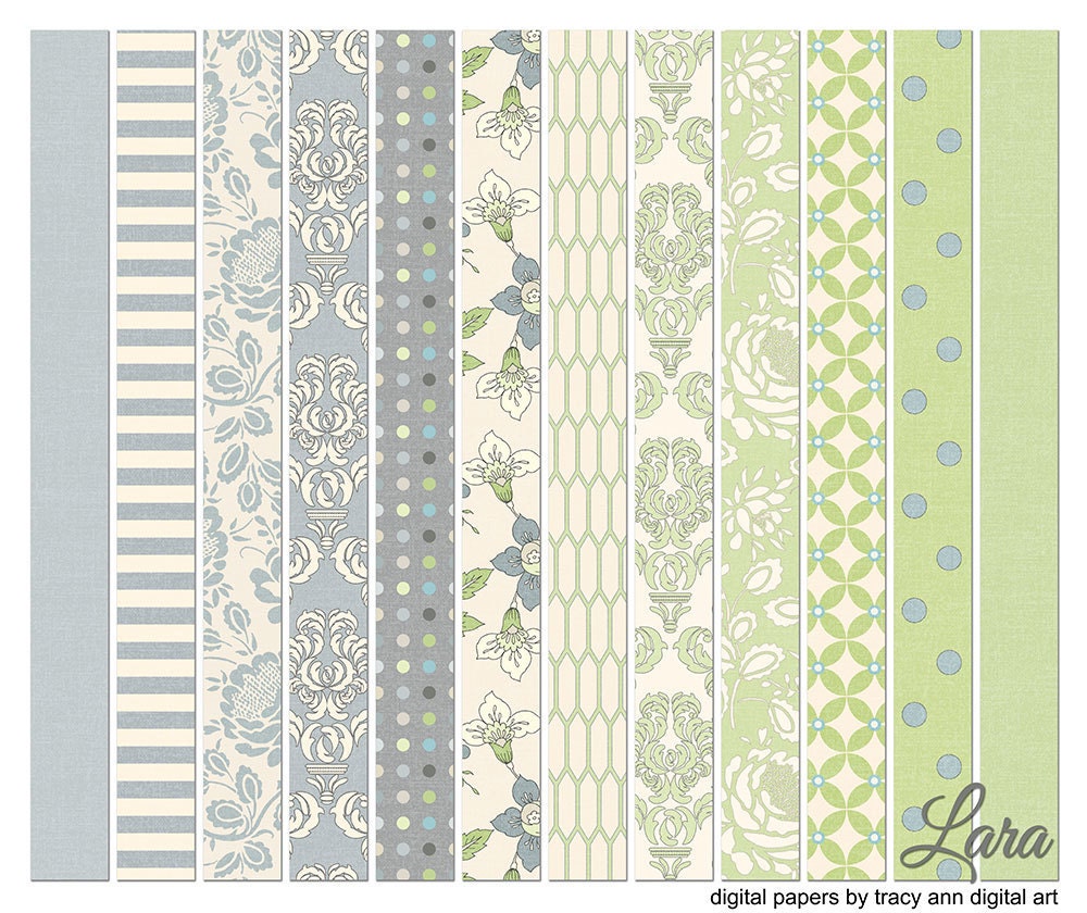 Lara Printable Scrapbook Paper Damask, Floral Pastel, Dusty Blue Craft Sheets