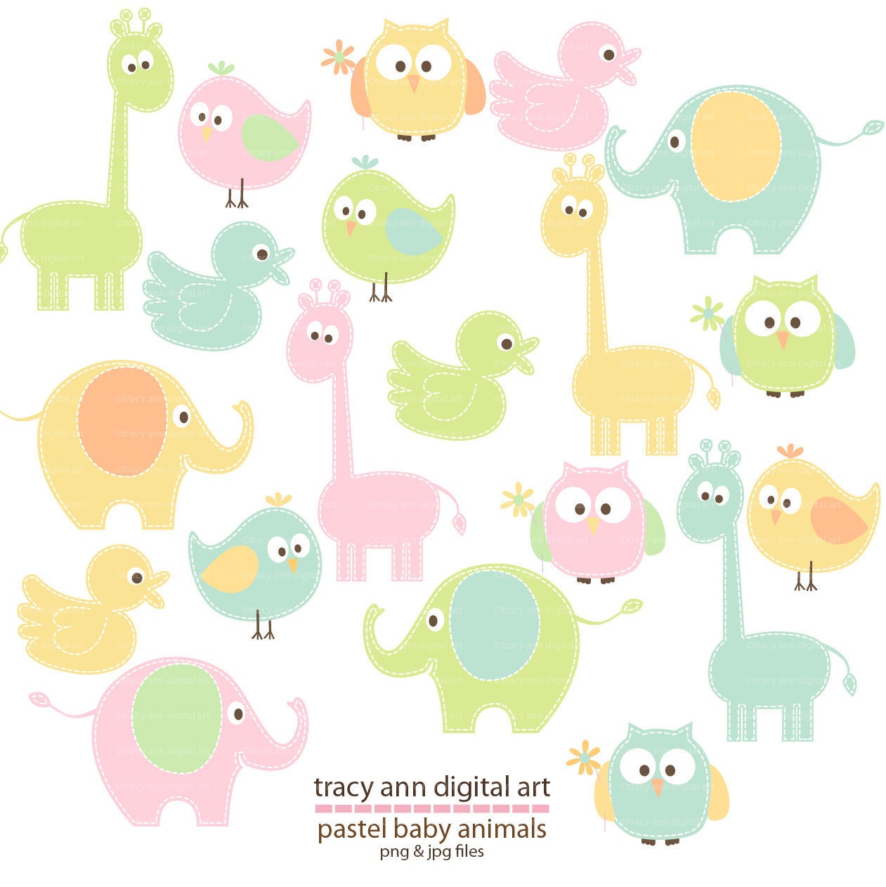 Pastel Animal Clip Art  -  baby animal clipart -  giraffe elephant clip art  - Pastels