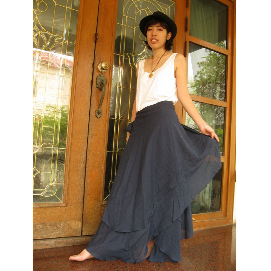 Boho Hippie Two Layers Dark blue Soft Cotton Wrap skirt S M L