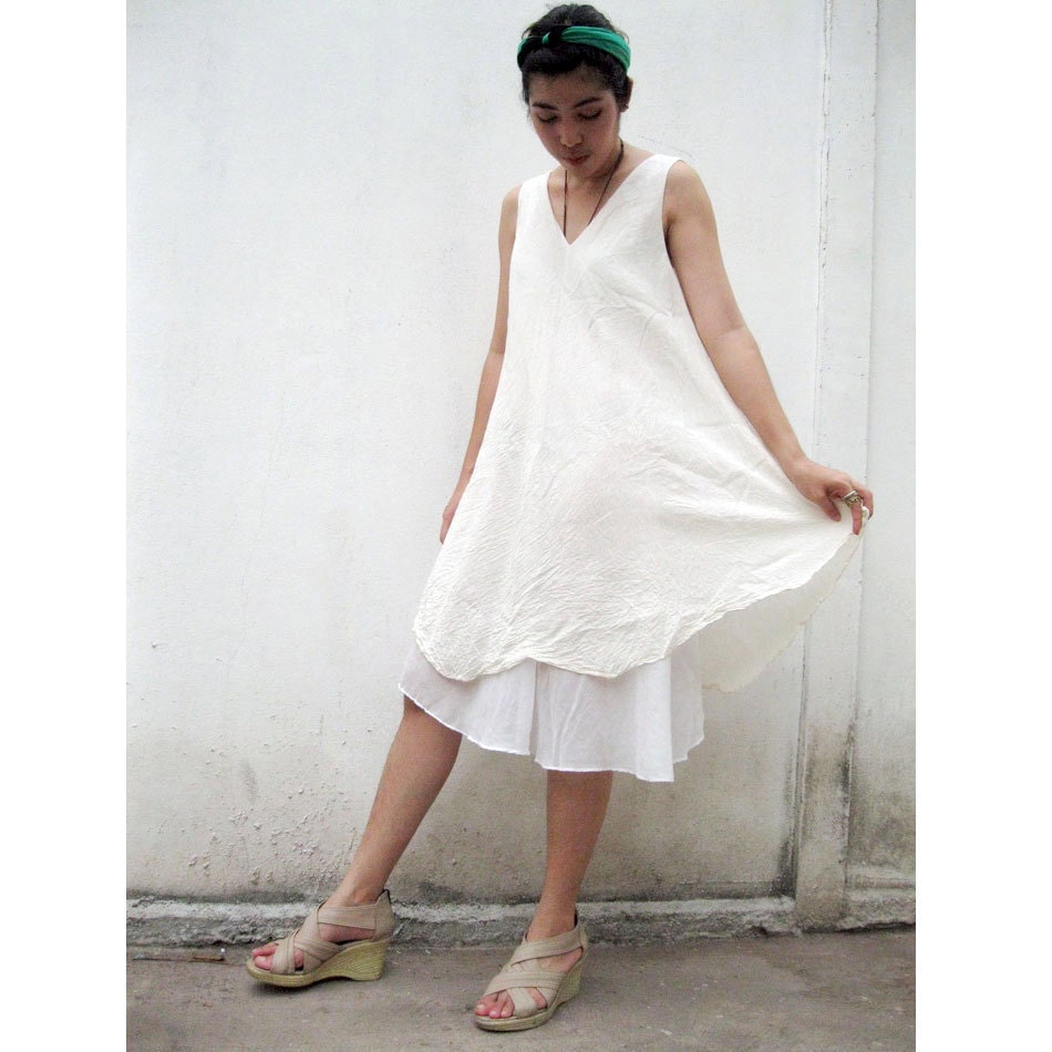 Cream Two layers V-Neck Dress