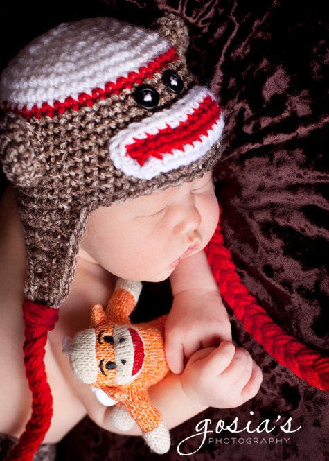 Sock Monkey Hat,  Boy's or Girl's Crochet Sock Monkey Hat with earflaps, Newborn to 24 months sizes
