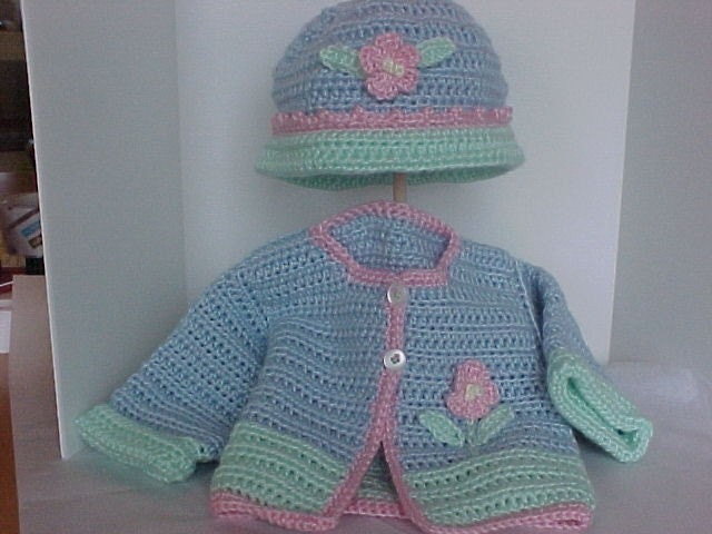 Sweater and Hat Set Crocheted Light blue,mint green with pink trim Newborn, 6 to 12 months sizes