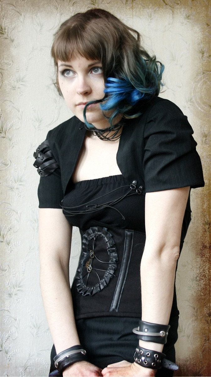 MASQ Steamtech custom made for you. Black clockwork cameo steel boned waist cincher - corset with fake leather details and lacing. Any size