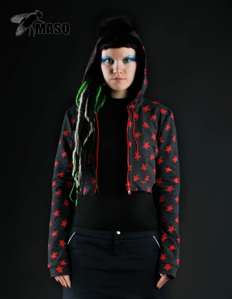MASQ Red stars cropped hoodie with fur mohawk. S - M size