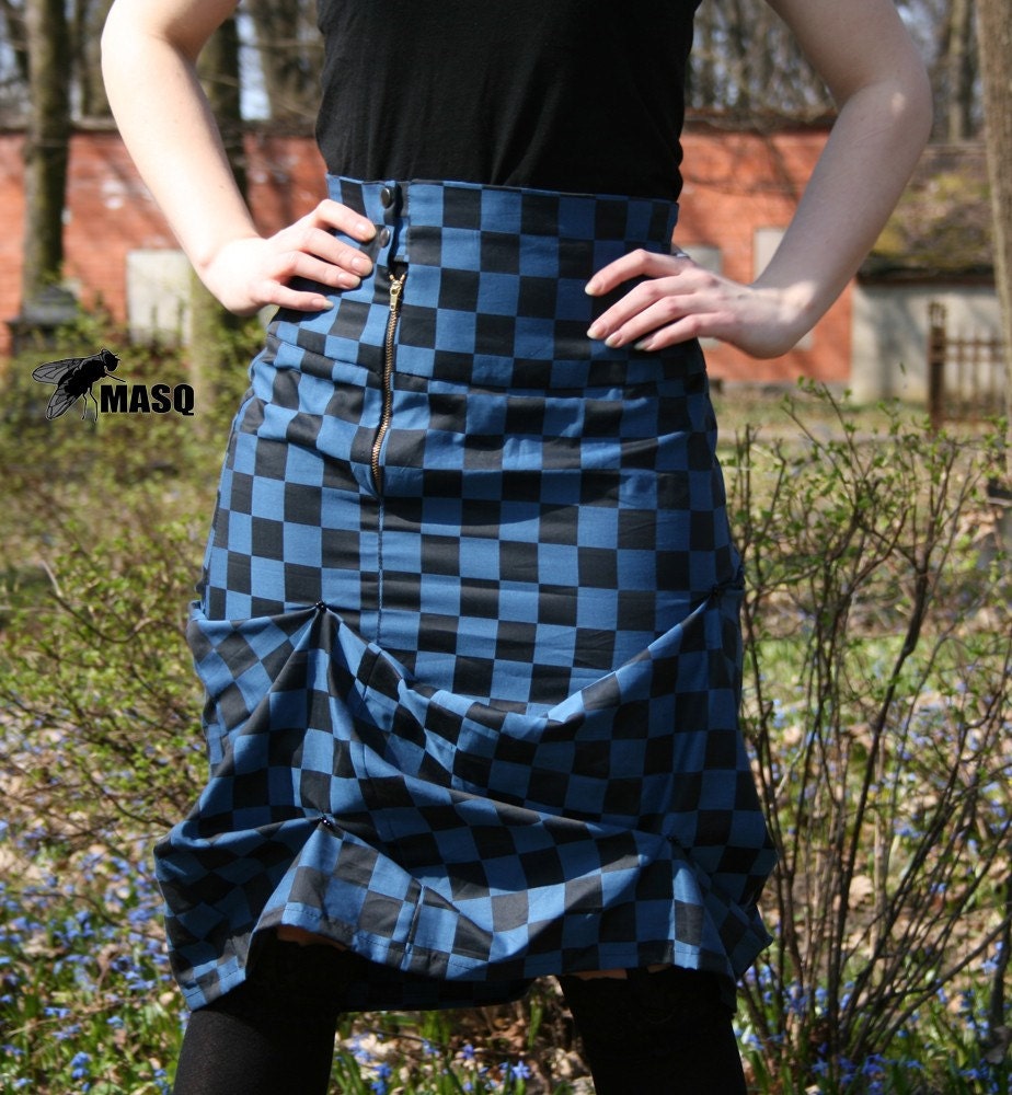 MASQ Checker print Chess black and blue Alice in Wonderland drapped high waist skirt. Size M