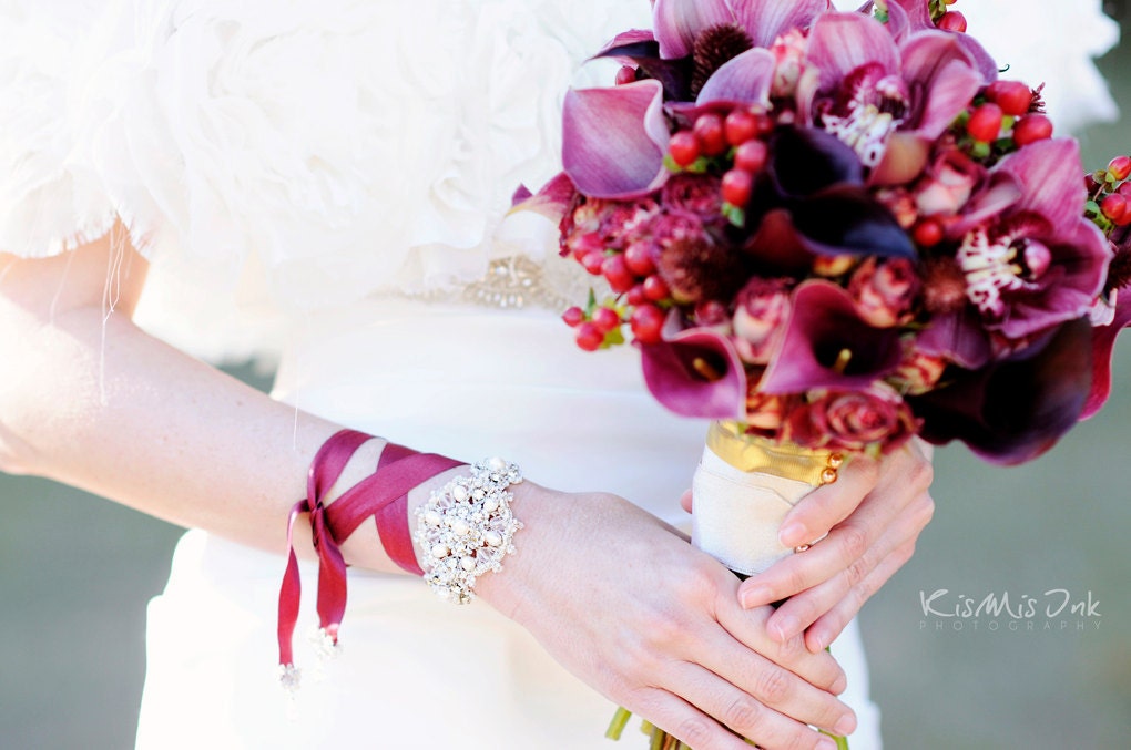 Wedding Bracelet / Crystal, Pearl, Handmade Silver Lace / Burgundy Silk Ribbons /  "Aiglentine"