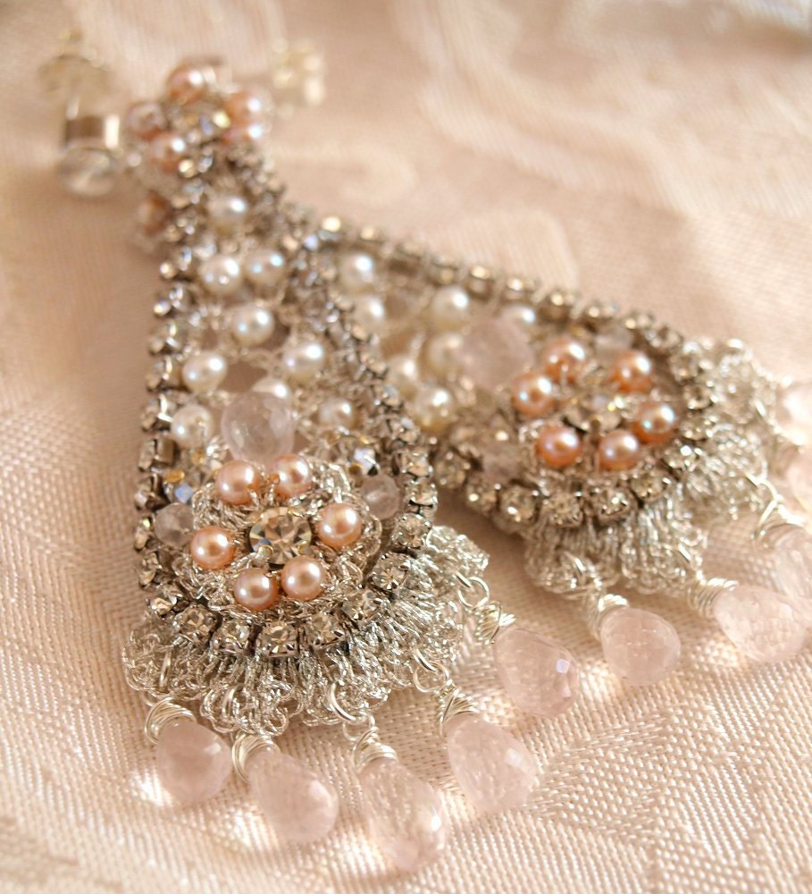 Blush Pink Wedding Earrings / Silver Lace and Pearl Chandeliers / Vintage Rhinestones / Floréal